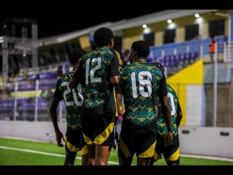 From left: Under-20 Reggae Boyz Claver Nugent, Sean Leighton, Orel Miller, and Jahbarie Howell celebrate a goal during a Concacaf U20 Qualifier at the Stadion Rignaal ‘Jean’ Francisca in Willemstad, Curaçao.
