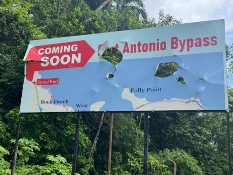 Credit: File Vandalised Port Antonio Bypass sign.