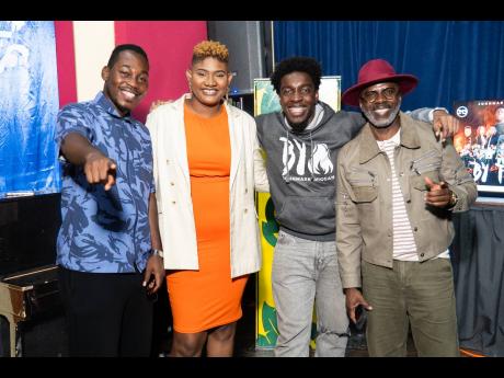 From left: Gospel artiste Prince Saj; Alicia Taylor, vocal coach; gospel artiste Johnmark Wiggan, and media personality Ian ‘Ity’ Ellis share a moment following the conclusion of the ‘By Fire’ media launch held at the Vera Moody Concert Hall at the