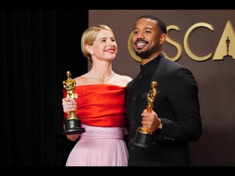 Jessie Buckley, winner of the award for best actress in a leading role for ‘Hamnet’, and Michael B. Jordan, winner of the award for best actor in a leading role for ‘Sinners’, are all smiles in the press room at the Academy Awards on Sunday.