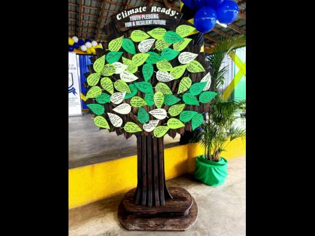 A climate pledge tree, created by NEPA staff member Carlington Brown, displays pledges written by participants during the workshop, symbolising their commitment to environmental stewardship.
