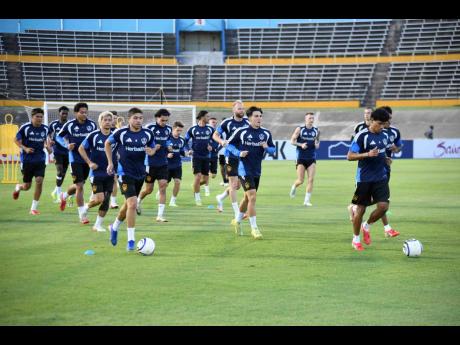 LA Galaxy players going through a training session at the National Stadium yesterday.