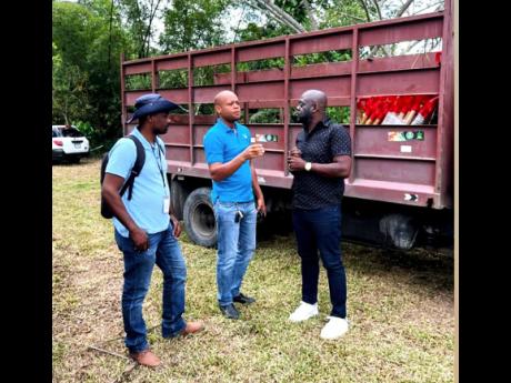 Rural Agricultural Development Authority (RADA) Parish Manager Kashief Smith (centre) makes a point to Christopher Brown (right), member of parliament for St Mary South Eastern, as RADA Extension Officer Kavil Howard (left) looks on.