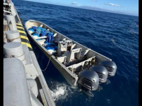 Credit: Contributed A go-fast boat containing cocaine that was intercepted by the JDF Coast Guard offshore Treasure Beach, St Elizabeth on March 21, 2026.