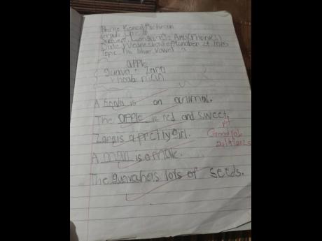 Credit: Contributed left: Seven-year-old Keneil Parkinson proudly displays his classwork, reflecting his strong academic performance despite physical challenges.