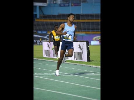 Edwin Allen’s Romario Finnigan powers to a personal best 10.18 seconds in the Boys’ Class One 100m preliminaries at the ISSA/GraceKennedy Boys and Girls’ Athletics Championships at the National Stadium on March 24, 2026. (Ian Allen photo)