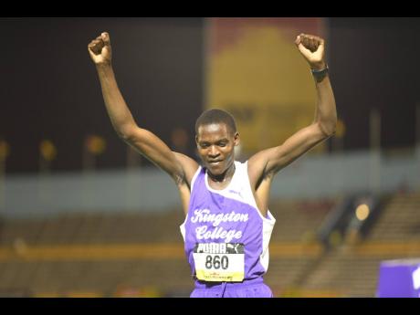 Kingston College’s Julius Itubo won the boys' Class Three 1500m final at the ISSA/GraceKennedy Boys and Girls’ Athletics Championships on March 25, 2026. He set new record of 4:00.76. (Antoine Lodge photo)