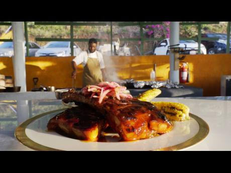 Barbecue spare ribs with Ena’s home-made sauce served with pickled onion and roasted corn cob.