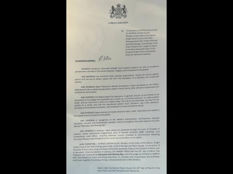 The Education and Sharing Day Proclamation. Governor-General Sir Patrick Allen has proclaimed March 29, 2026, as Education and Sharing Day for Jamaica. 