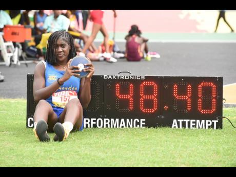 Credit: Ian Allen Clarendon College’s Jamelia Young who delivered a record-breaking performance in the girls’ Class Two discus. Young produced a personal best mark of 48.40 metres to win the event, breaking the old mark of 47.04m set by former Holmwood Technical throwe