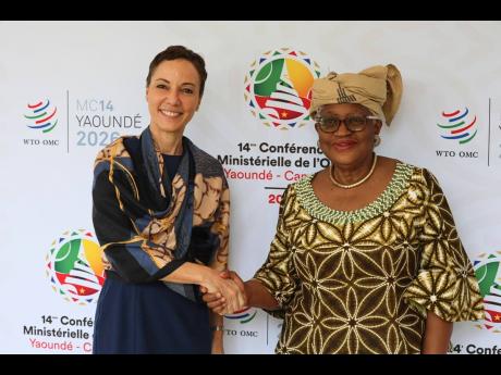 
Senator Kamina Johnson Smith (left), Minister of Foreign Affairs and Foreign Trade, meets with Dr Ngozi Okonjo-Iweala, Director-General of the World Trade Organization, on the margins of the 14th Ministerial Conference (MC14) in Yaoundé, Cameroon, whic