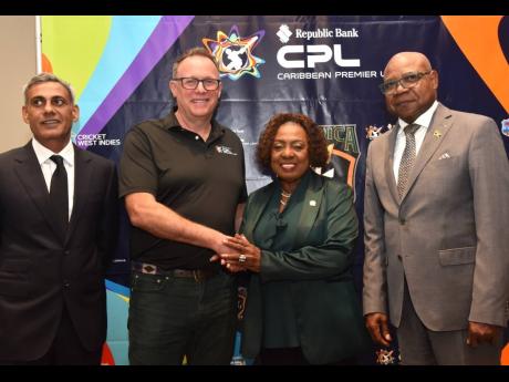 Credit: Courtesy of Mark Bell/JIS Minister of Culture, Gender, Entertainment and Sport Olivia Grange, Tourism Minister Edmund Bartlett (right), owner of Caribbean Premier League (CPL) T20 franchise, the Jamaica Kingsmen, Fawad Sarwar (left) and CPL Chief Exeecutive OFficer Pete Russell sta